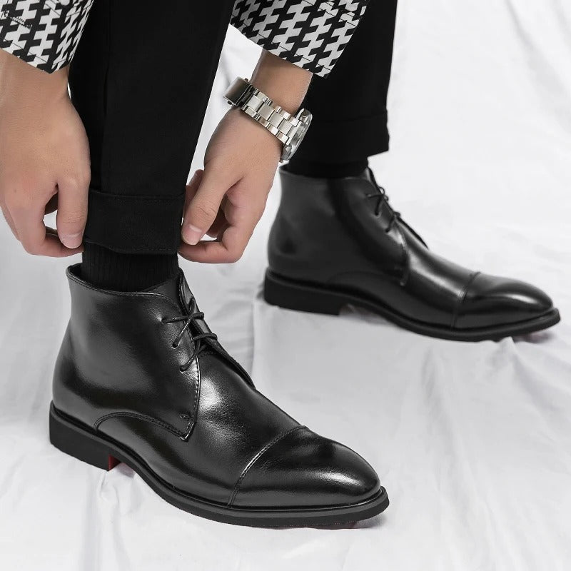 Polished Leather Boots with Cap-Toe Detail