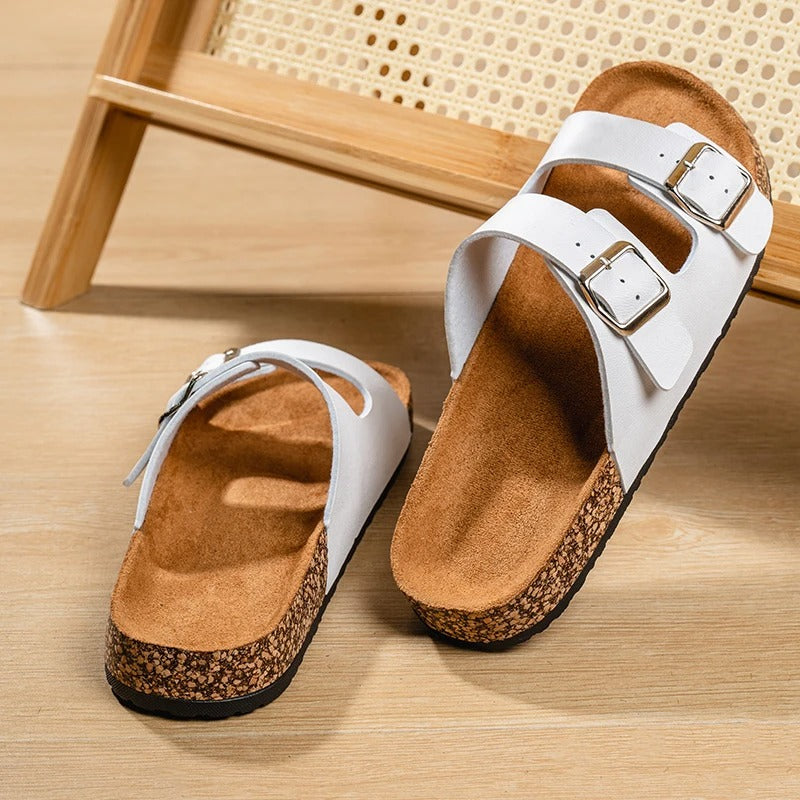 Suede Slides with Double Buckle Strap