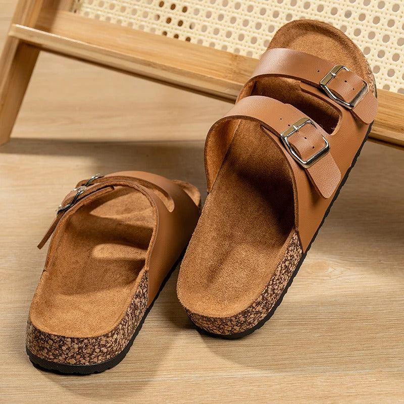 Suede Slides with Double Buckle Strap
