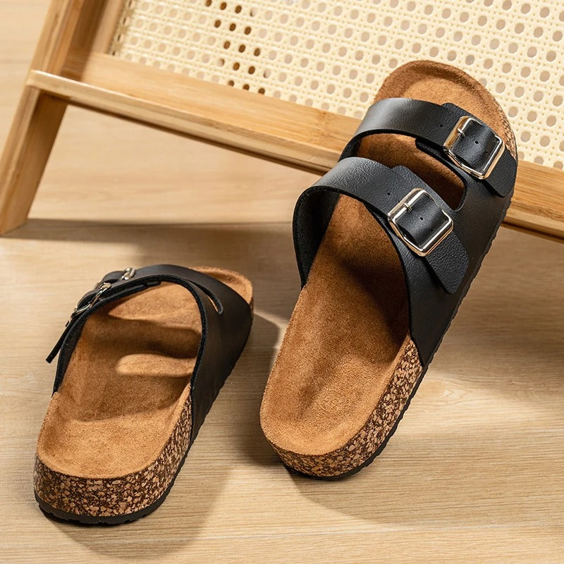 Suede Slides with Double Buckle Strap