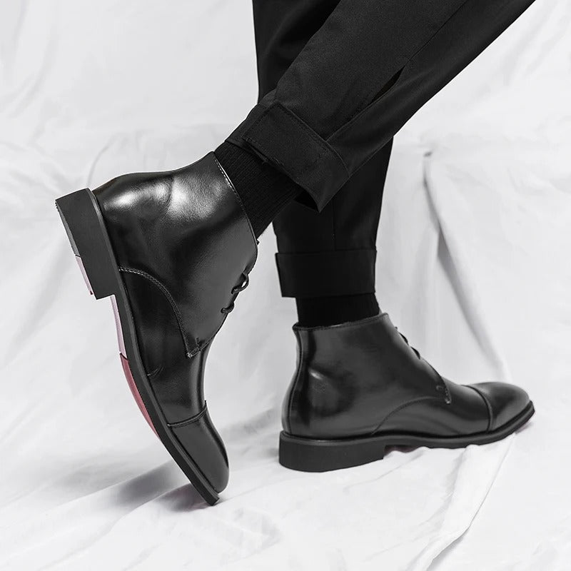 Polished Leather Boots with Cap-Toe Detail