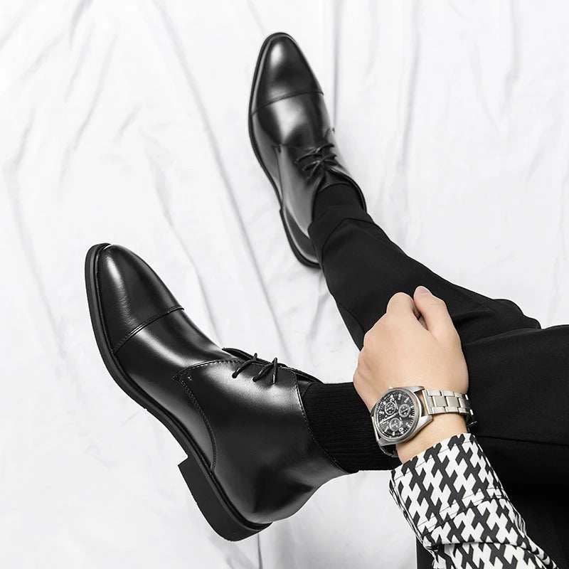 Polished Leather Boots with Cap-Toe Detail
