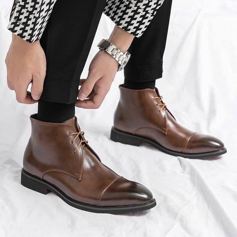 Polished Leather Boots with Cap-Toe Detail