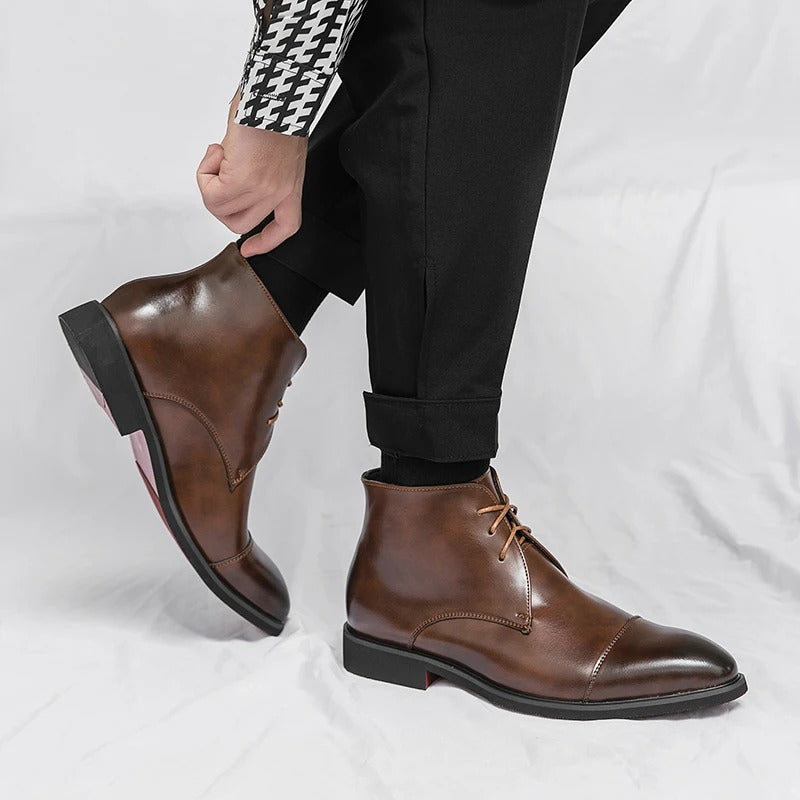 Polished Leather Boots with Cap-Toe Detail