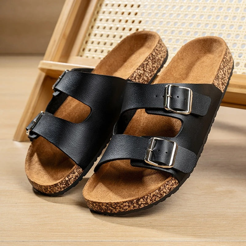 Suede Slides with Double Buckle Strap