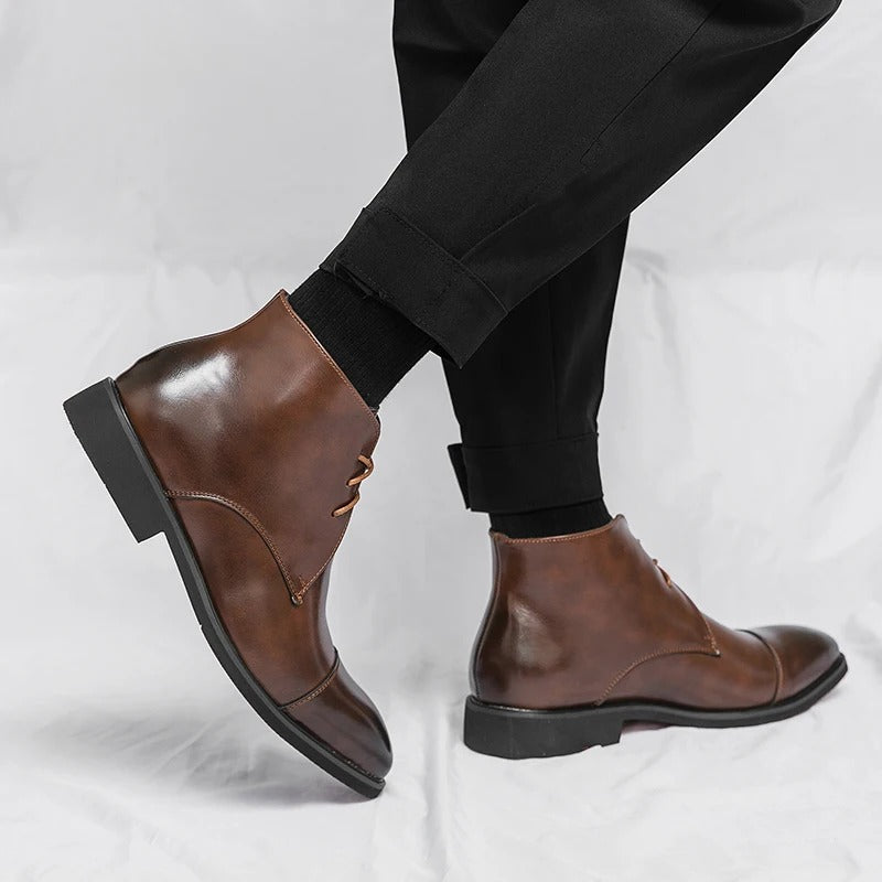 Polished Leather Boots with Cap-Toe Detail