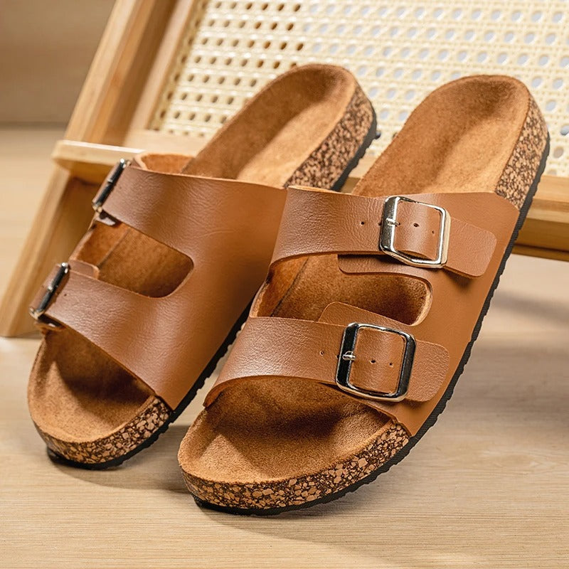 Suede Slides with Double Buckle Strap