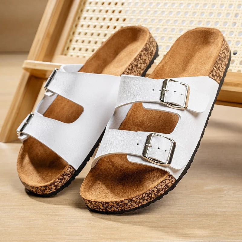 Suede Slides with Double Buckle Strap