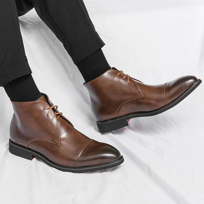 Polished Leather Boots with Cap-Toe Detail