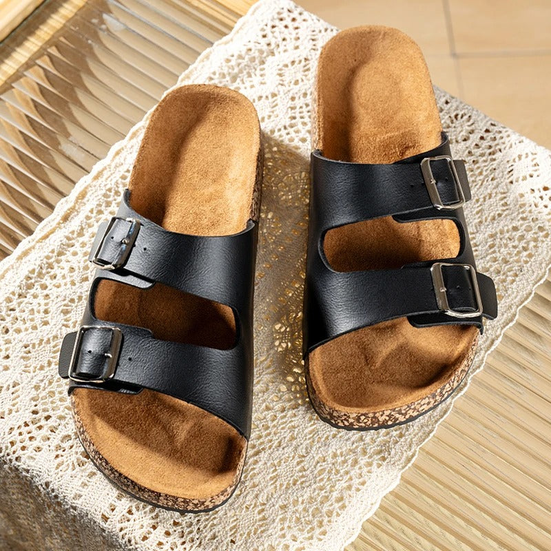 Suede Slides with Double Buckle Strap
