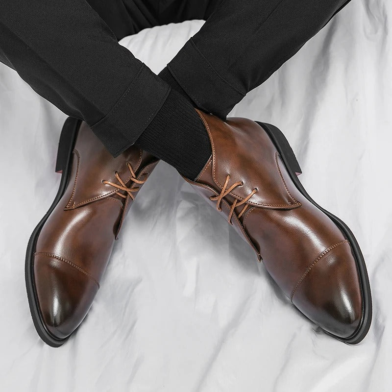Polished Leather Boots with Cap-Toe Detail