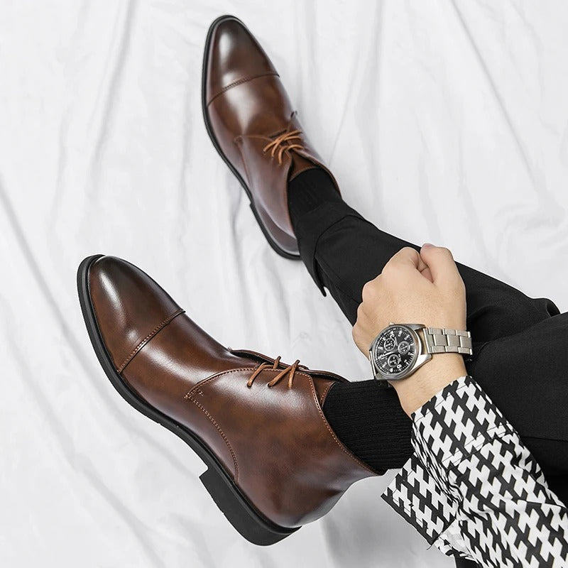 Polished Leather Boots with Cap-Toe Detail