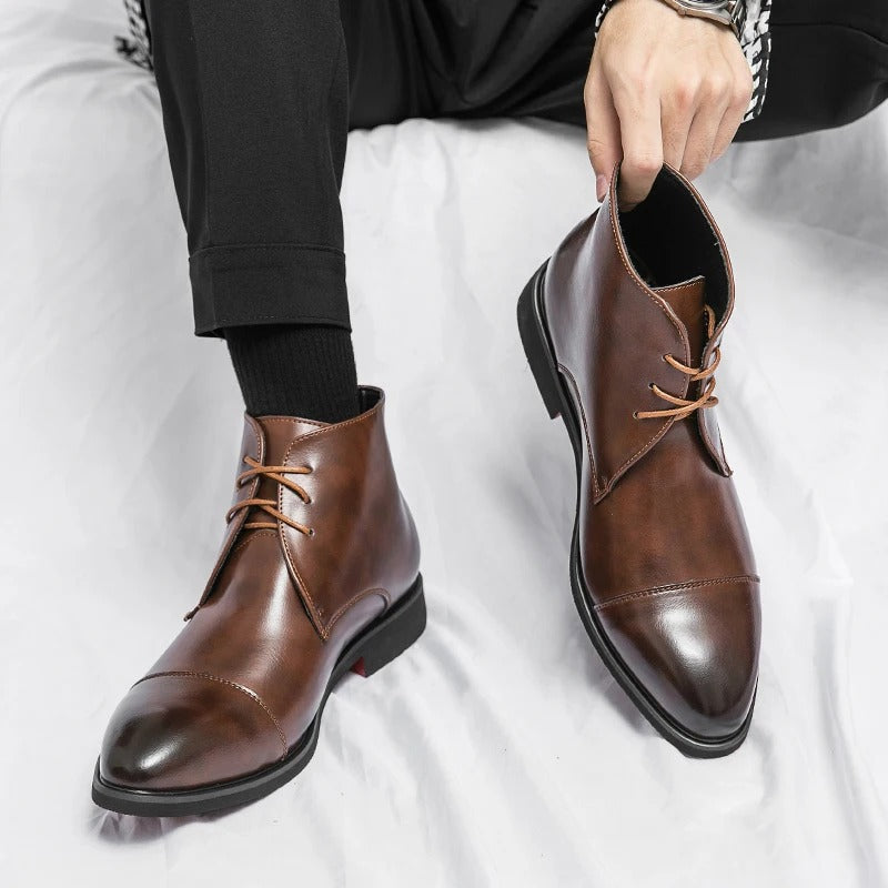 Polished Leather Boots with Cap-Toe Detail