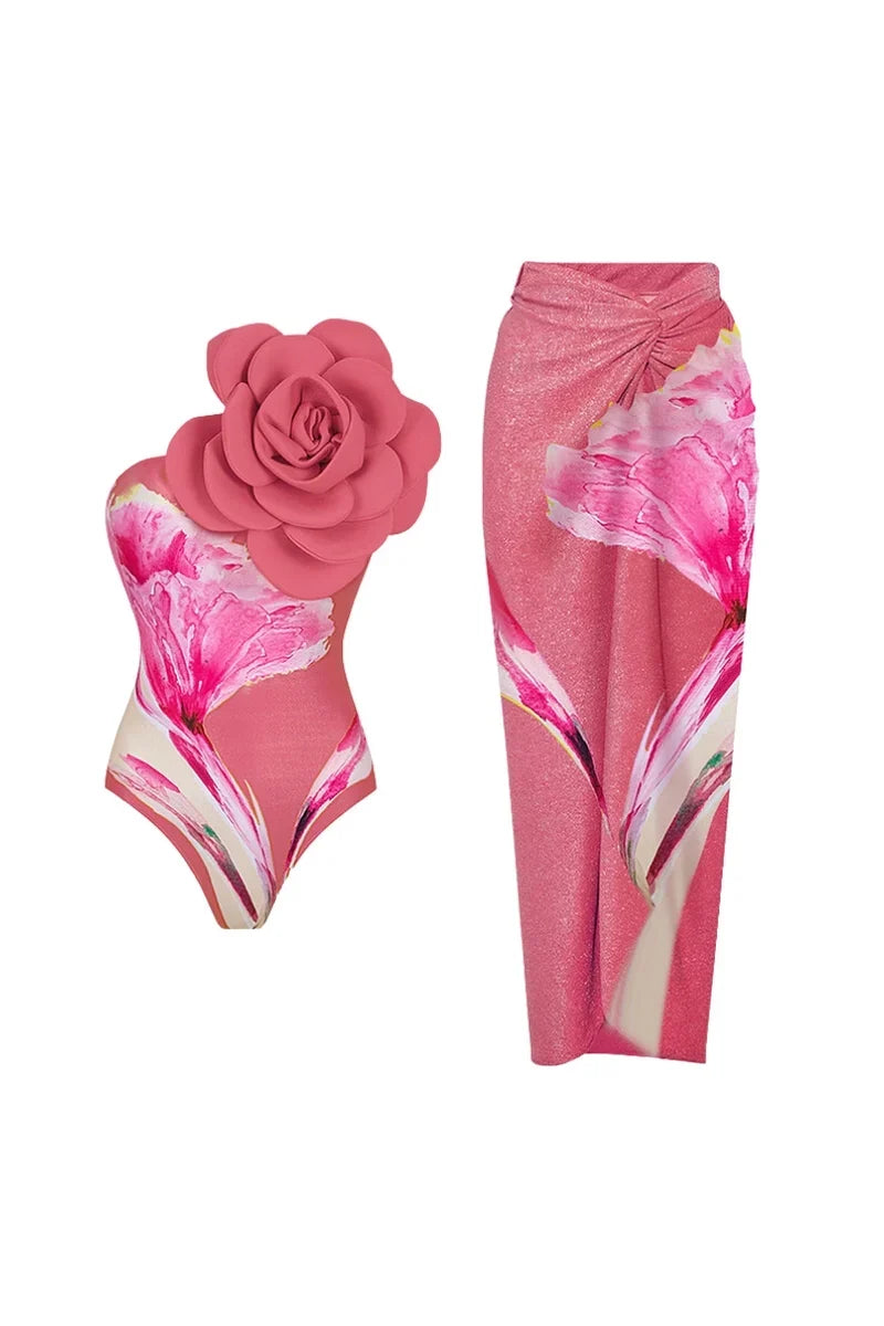 3D Flower Pink Print Swimwear Set