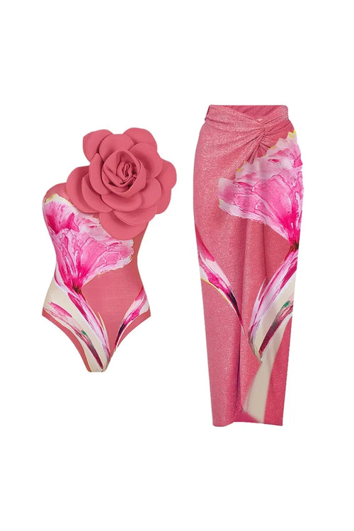 3D Flower Pink Print Swimwear Set