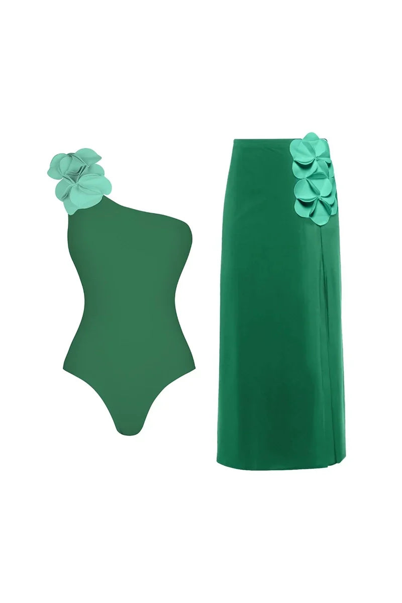 Green One-Shoulder 3D Flower Swimsuit