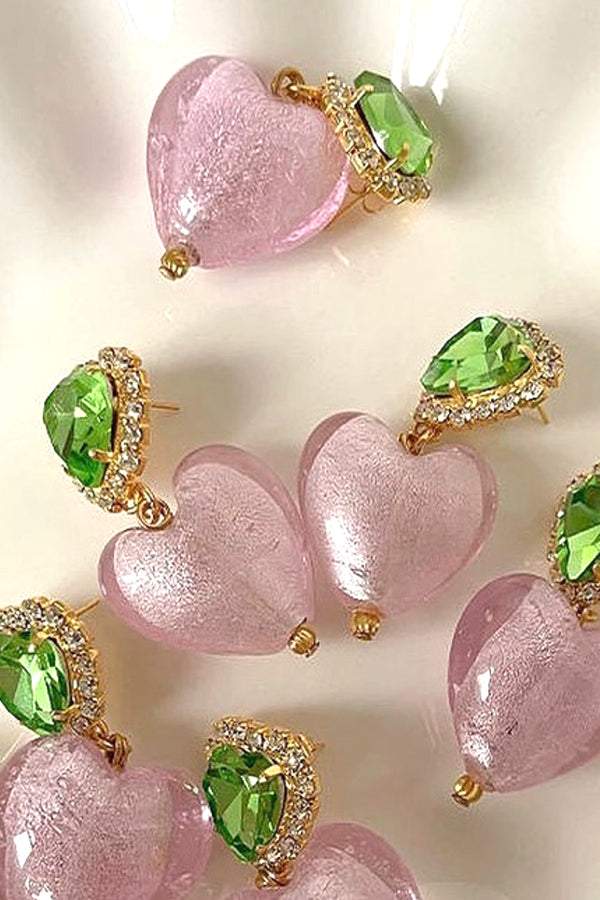 Statement Diamante Heart Contrast Drop Earrings