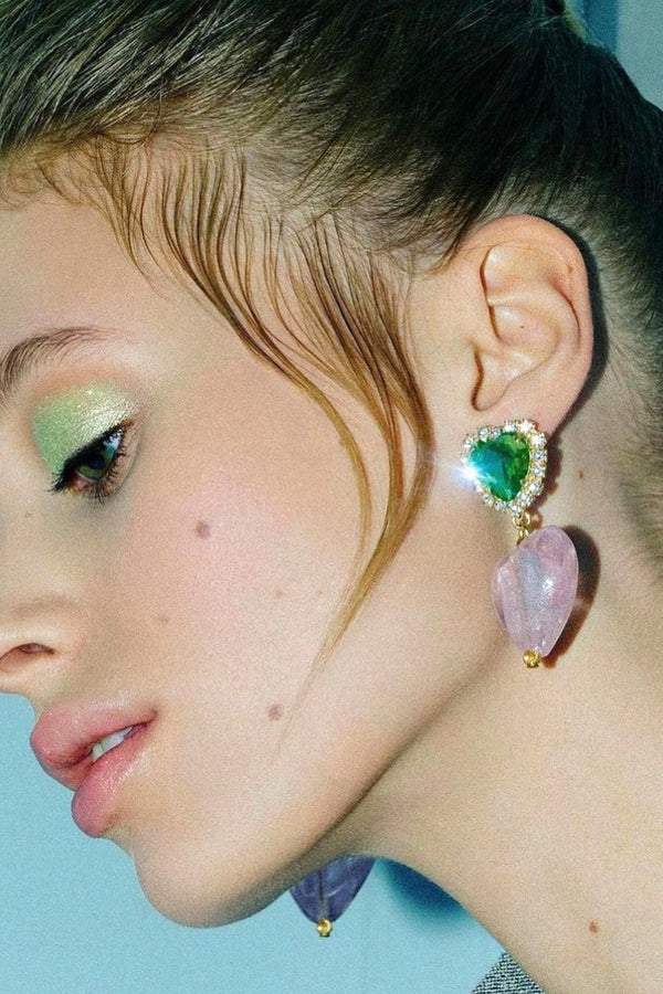 Statement Diamante Heart Contrast Drop Earrings
