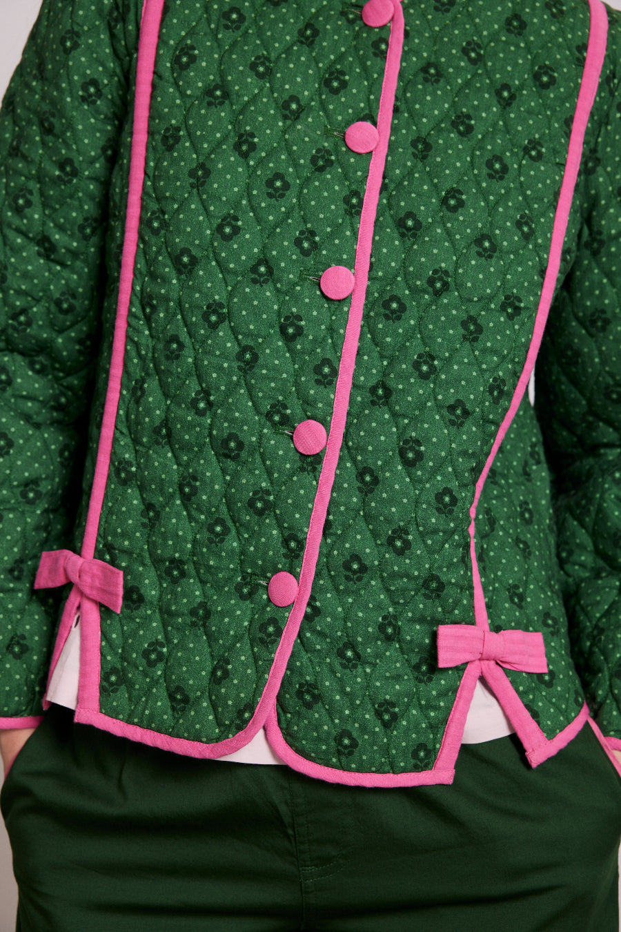 Quilted Jacket with Floral Print and Pink Bows