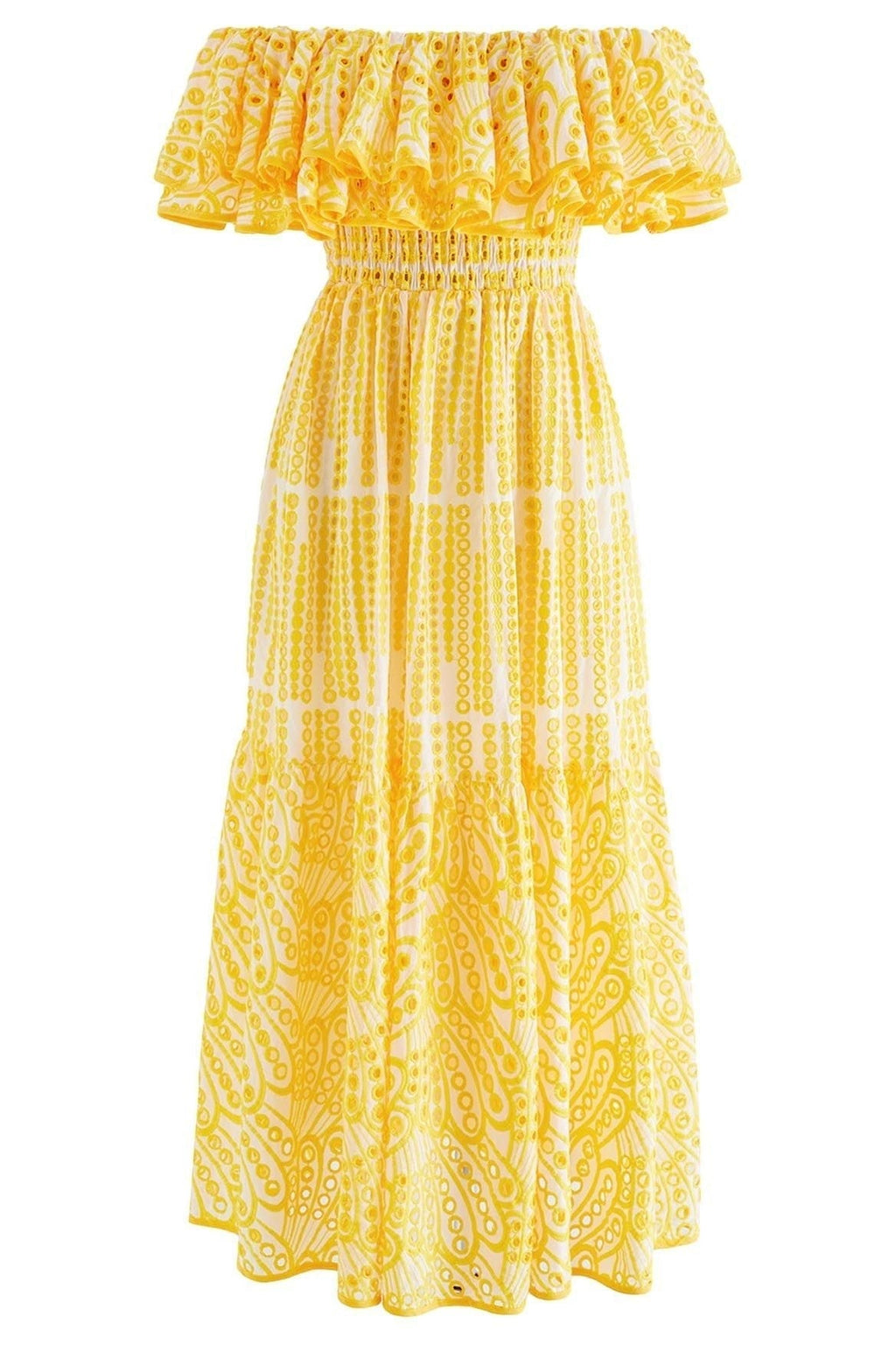 Dolly Embroidered Lace Off-shoulder A-line Flare Midi-Length Dress