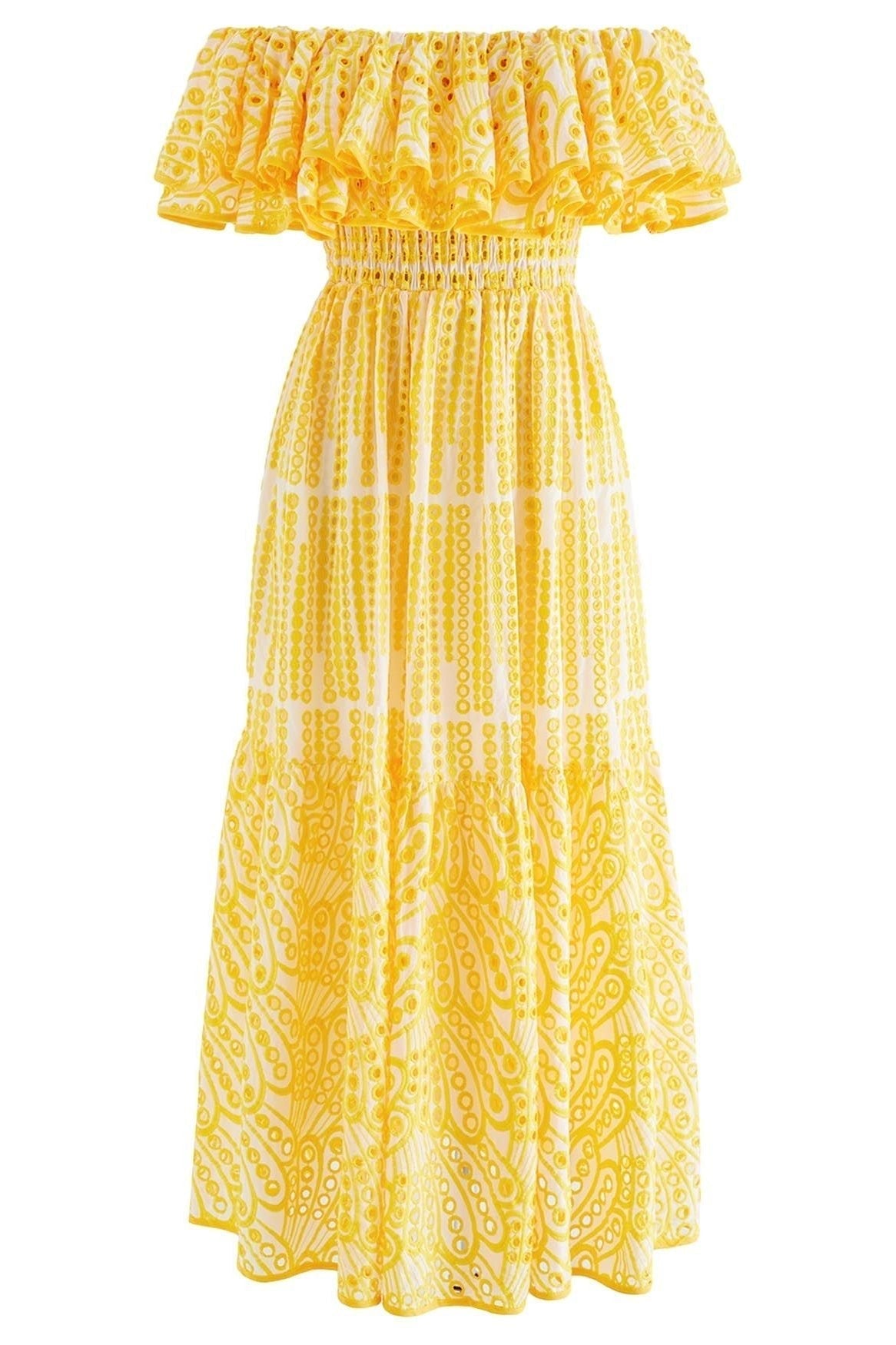 Dolly Embroidered Lace Off-shoulder A-line Flare Midi-Length Dress