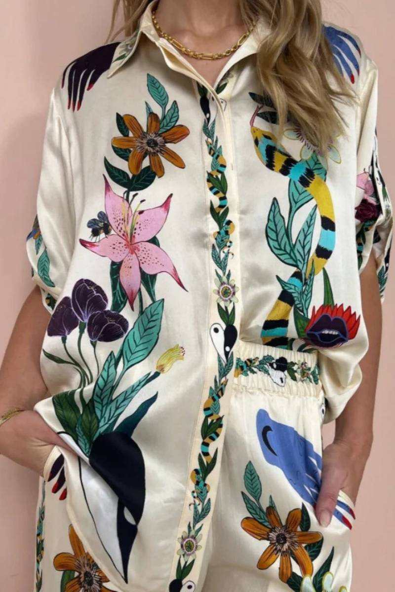 Boho Natureza Patterned Satin Shirt & Trousers Set