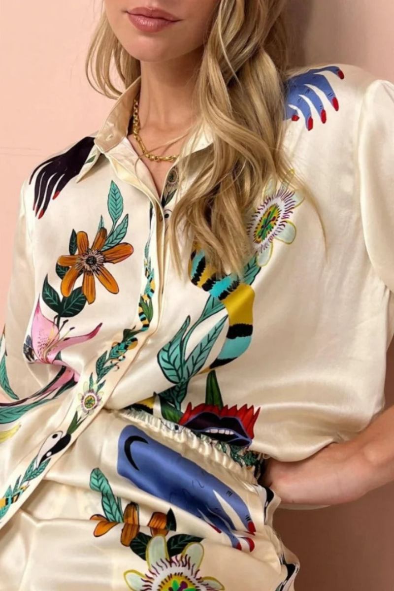 Boho Natureza Patterned Satin Shirt & Trousers Set