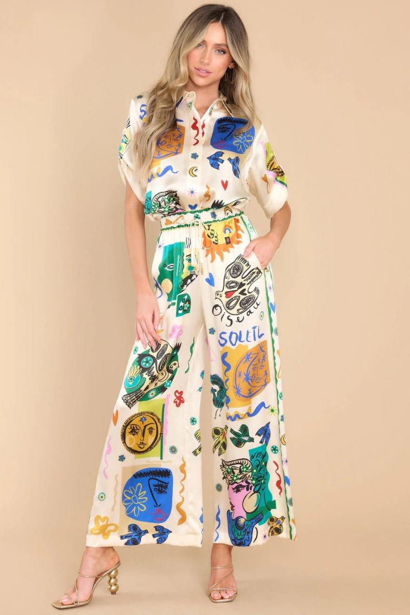 Oversized Ivory Print Shirt Trousers Set