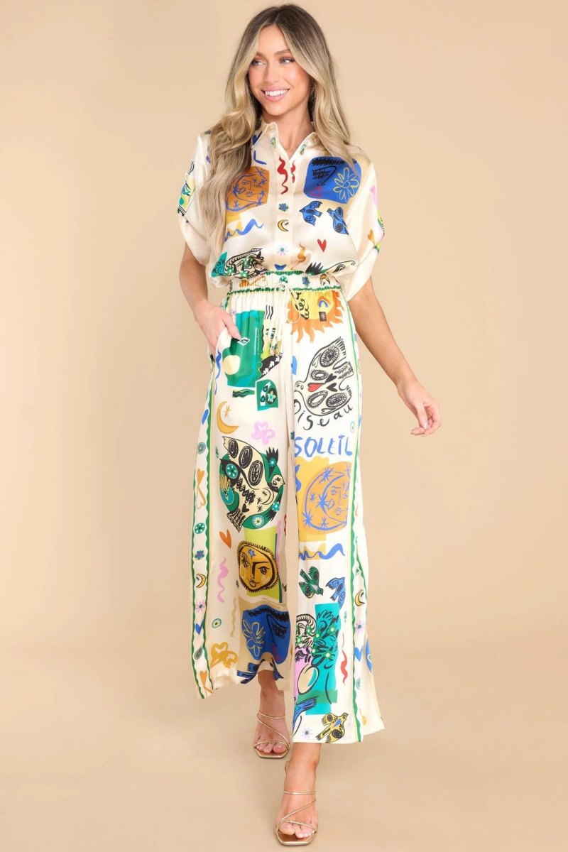Oversized Ivory Print Shirt Trousers Set