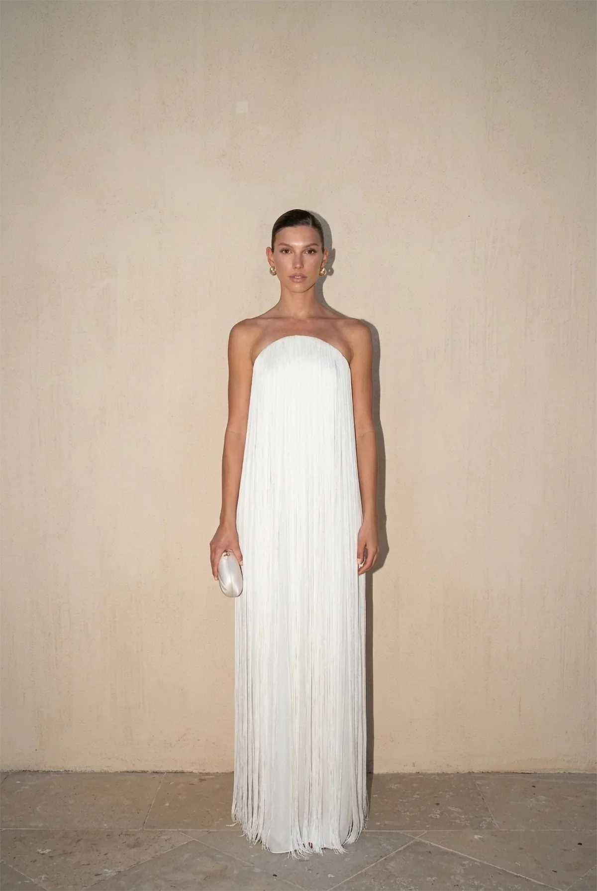 White Strapless Fringed Pleated Maxi-Length Dress