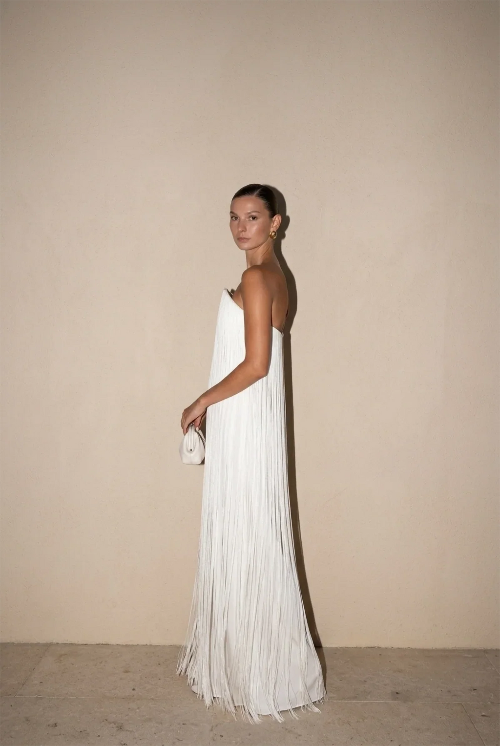 White Strapless Fringed Pleated Maxi-Length Dress