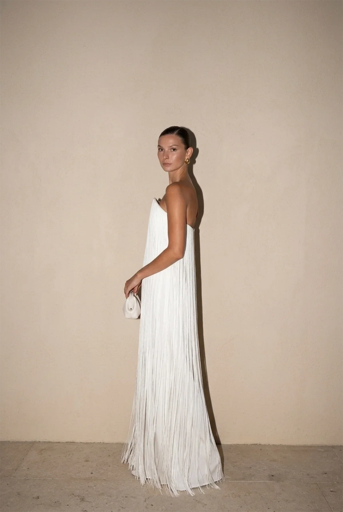 White Strapless Fringed Pleated Maxi-Length Dress