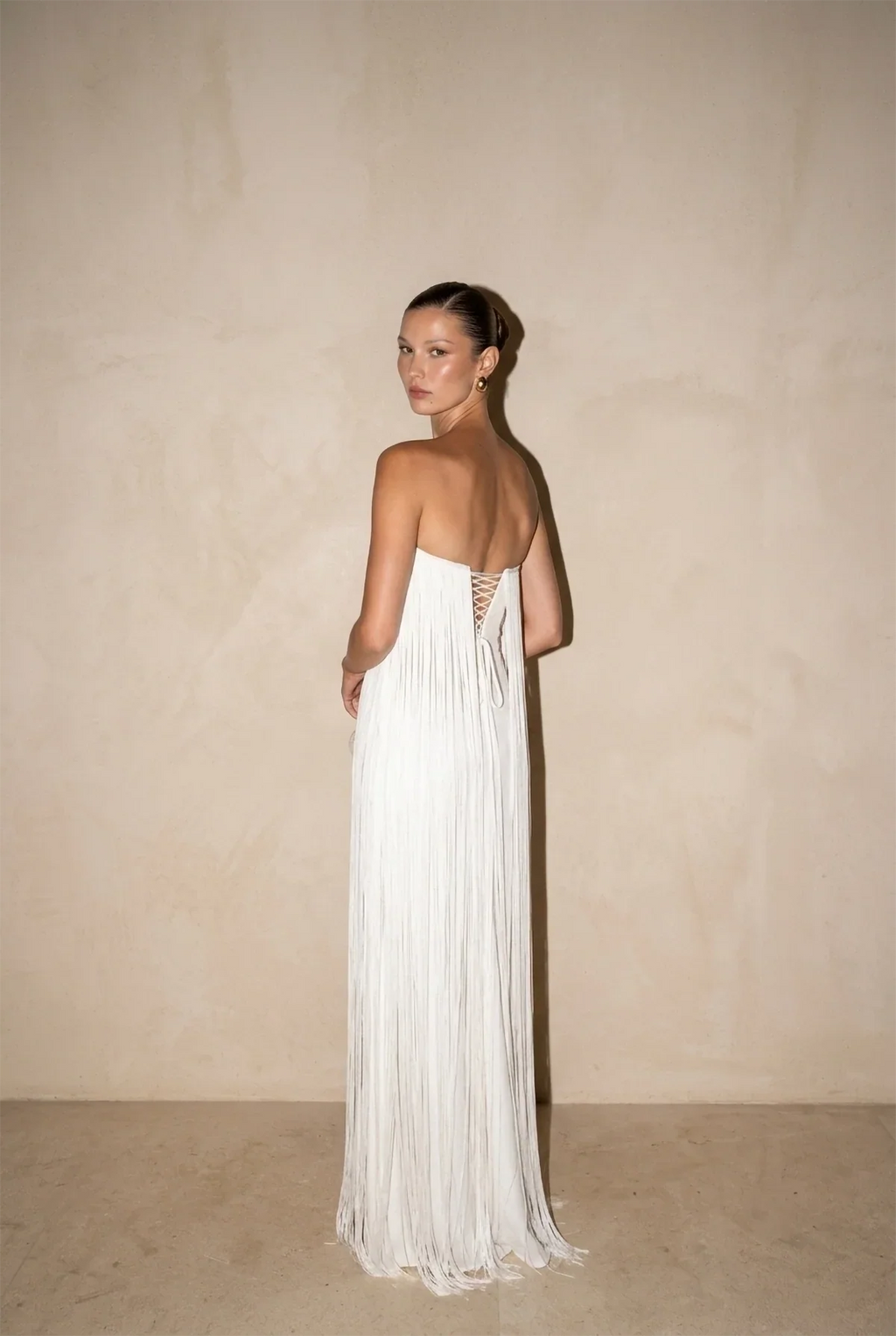 White Strapless Fringed Pleated Maxi-Length Dress