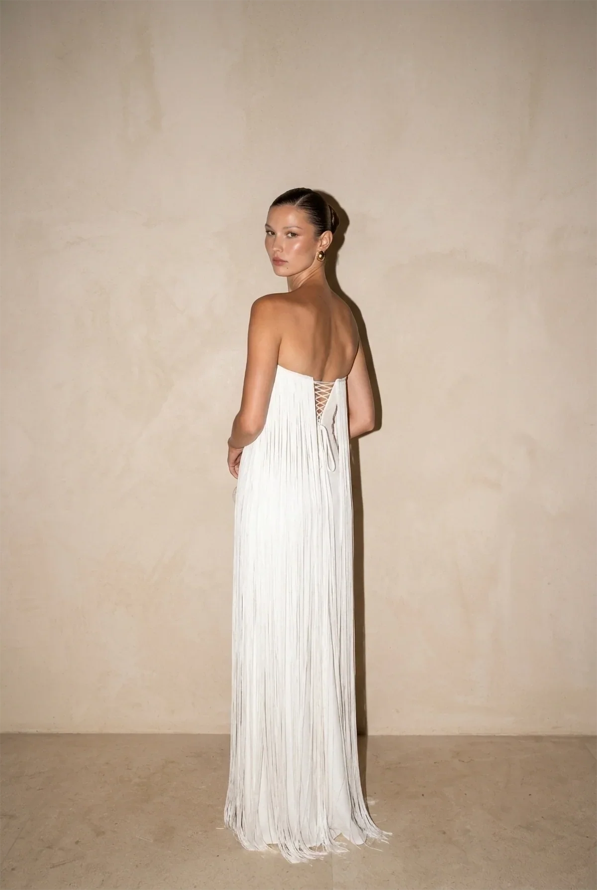 White Strapless Fringed Pleated Maxi-Length Dress