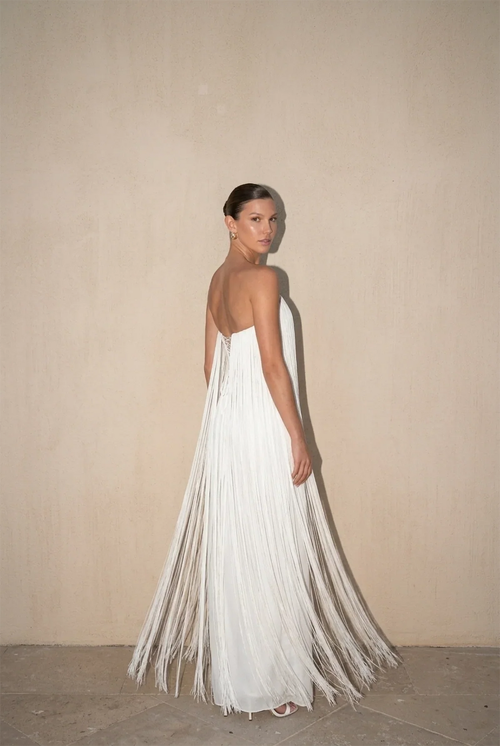 White Strapless Fringed Pleated Maxi-Length Dress