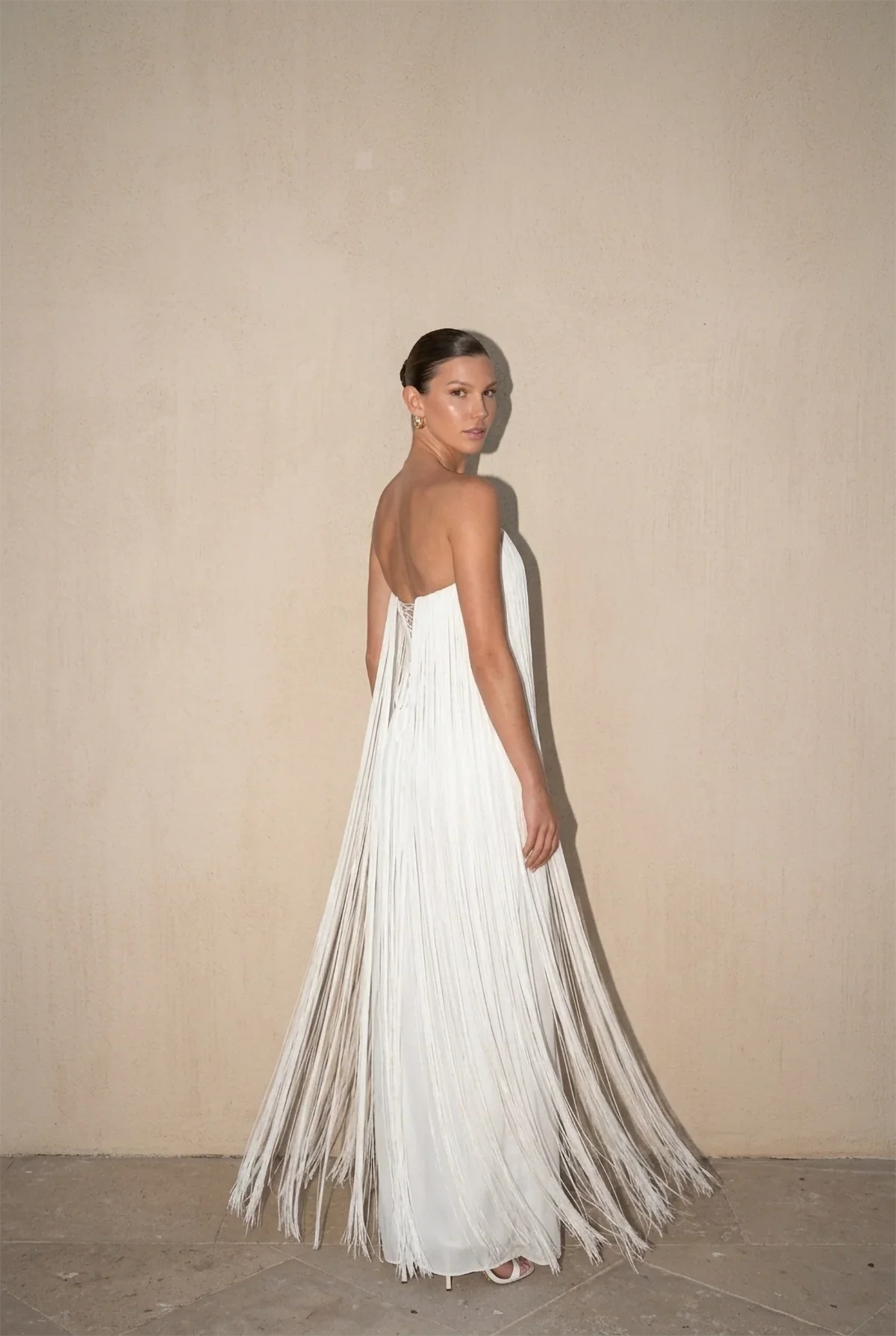 White Strapless Fringed Pleated Maxi-Length Dress