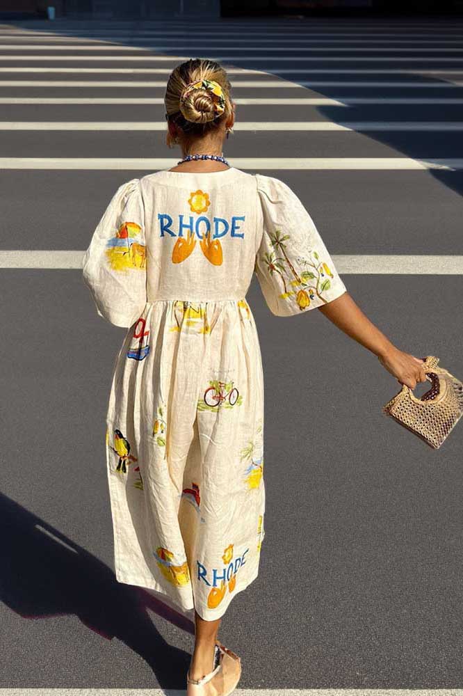 Patterned Linen Midi-Length Dress