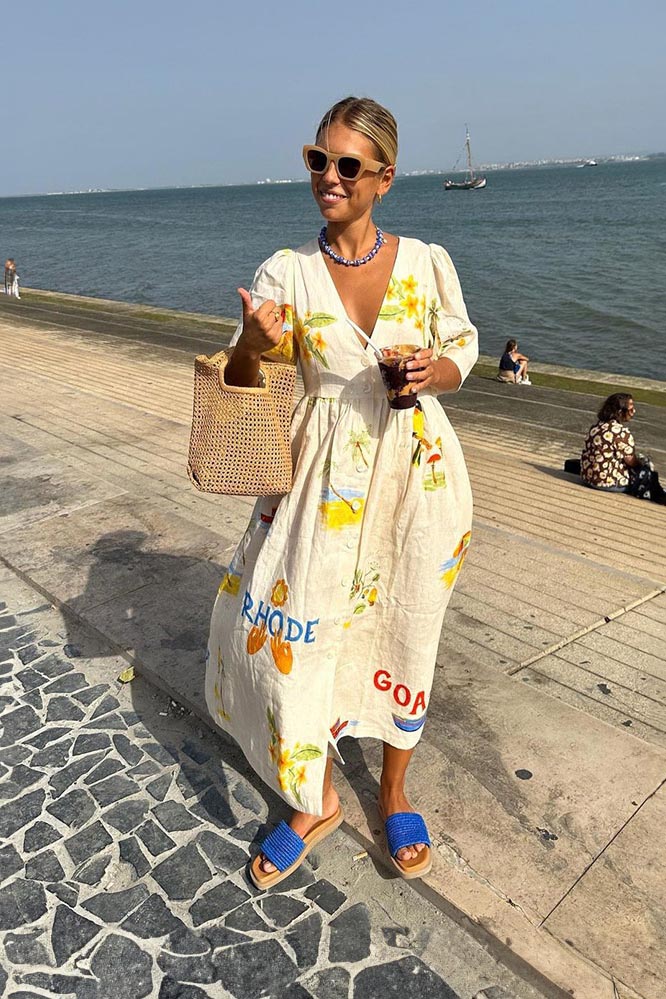Patterned Linen Midi-Length Dress