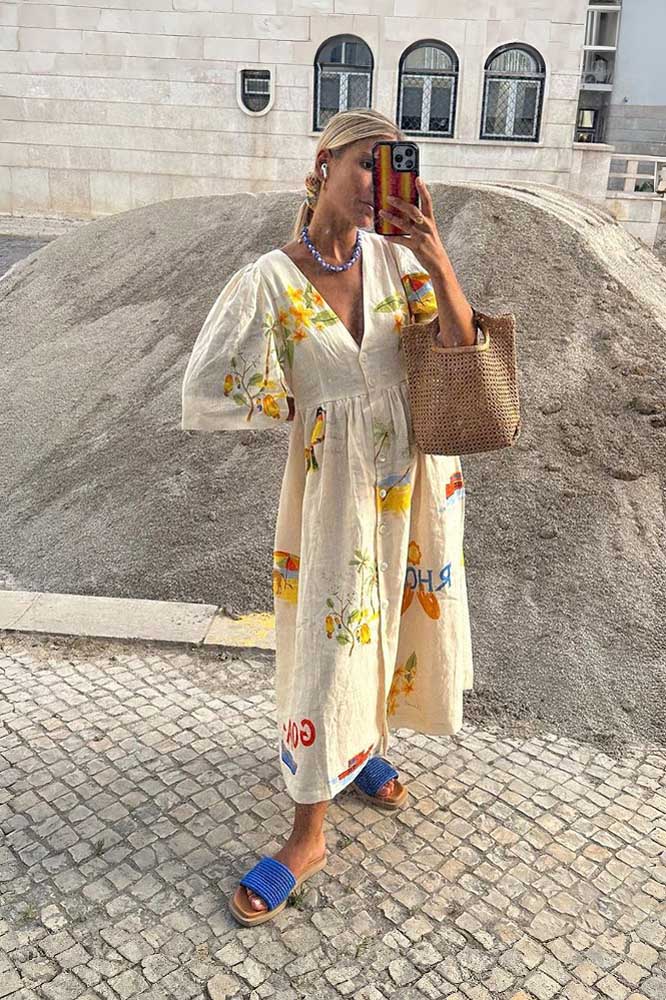 Patterned Linen Midi-Length Dress