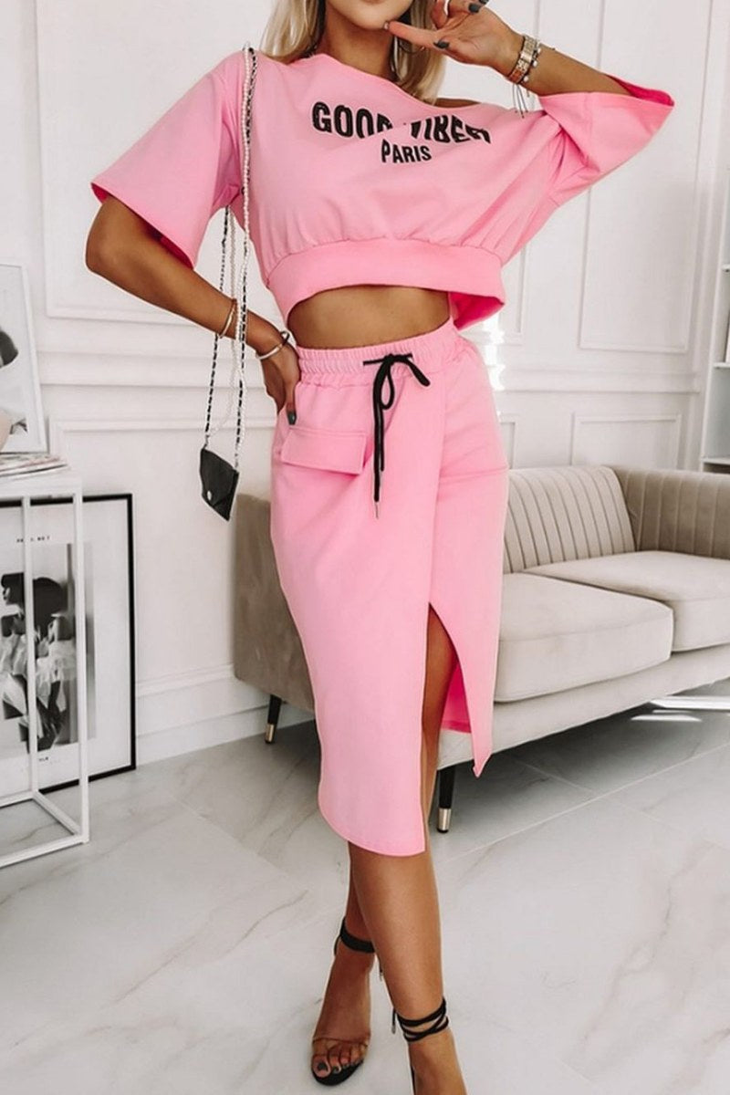 Coordinated Champagne Wrap Letter Oblique Collar Skirt Set