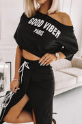 Coordinated Champagne Wrap Letter Oblique Collar Skirt Set