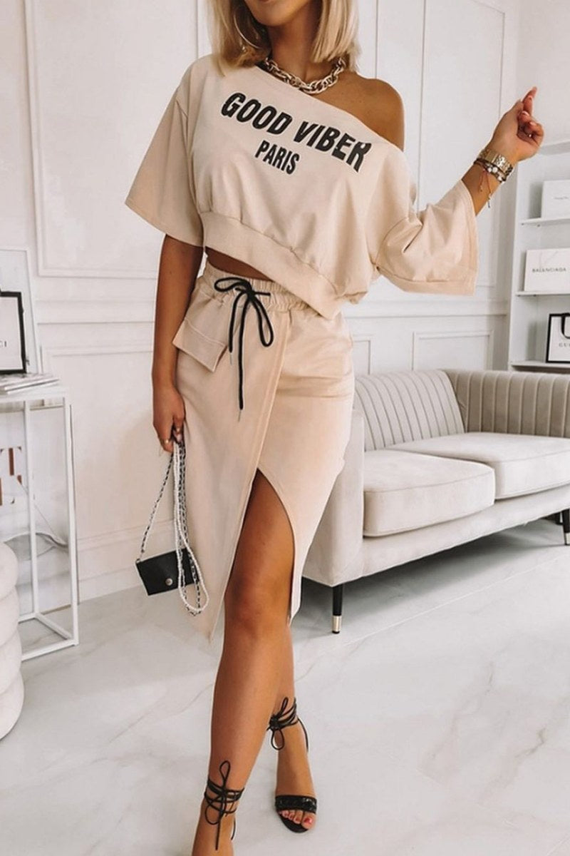 Coordinated Champagne Wrap Letter Oblique Collar Skirt Set
