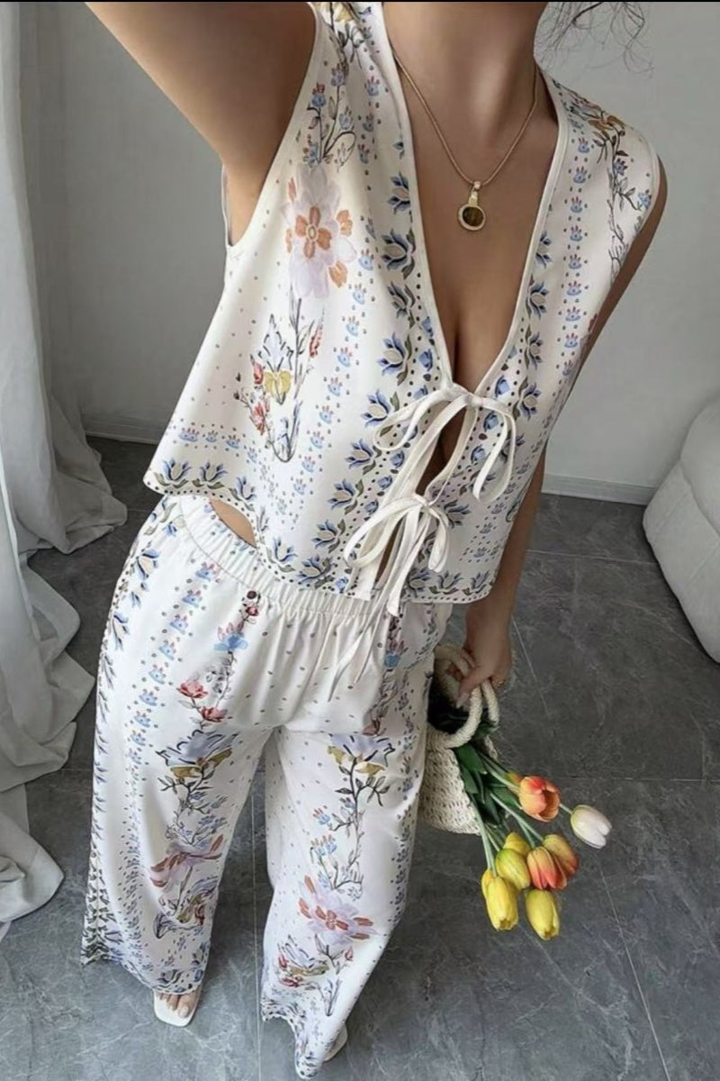 Tie-Up Vest & Wide-Leg Trousers Set - Sky Blue Print