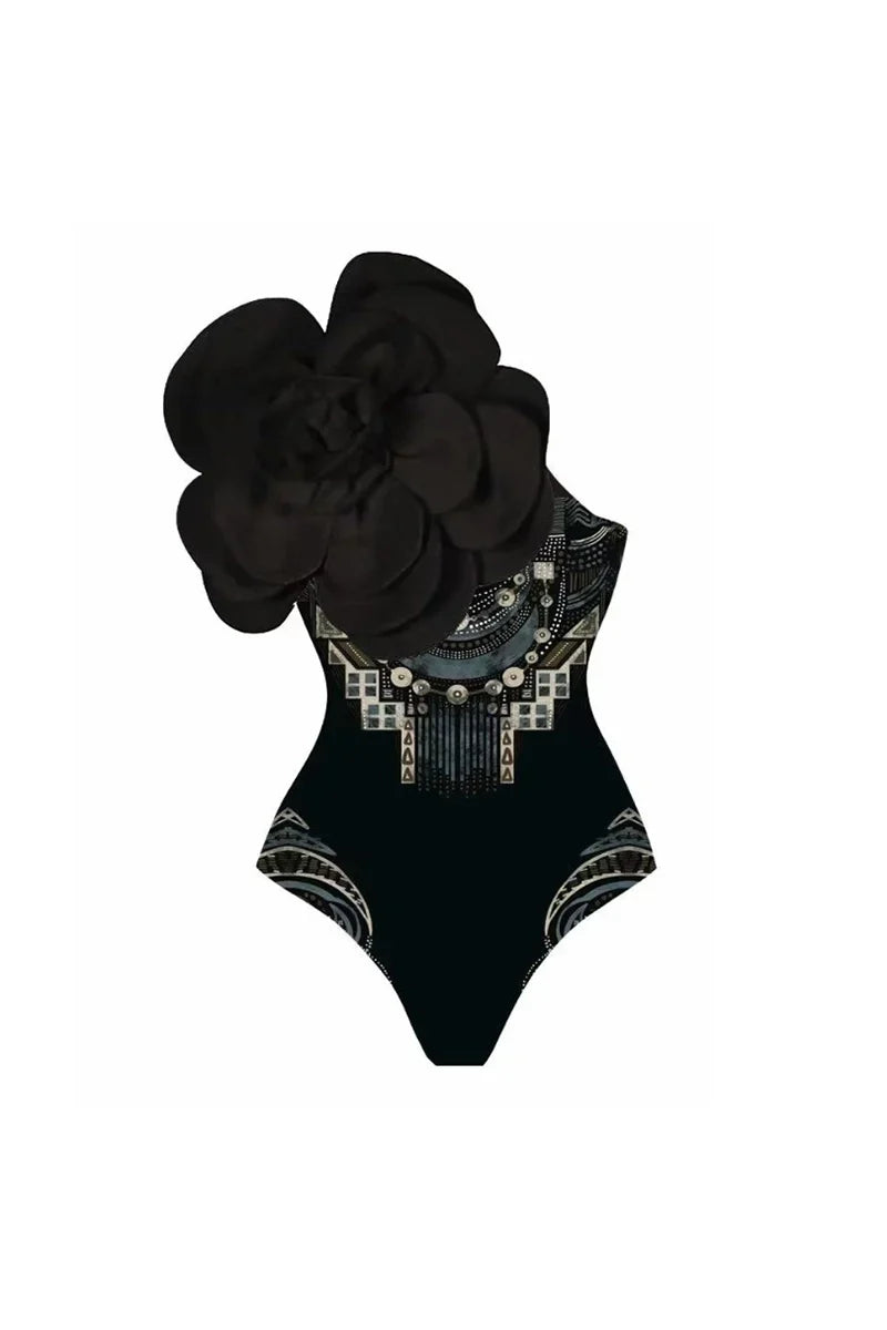 Flower Print One-Piece With 3D Black Flower