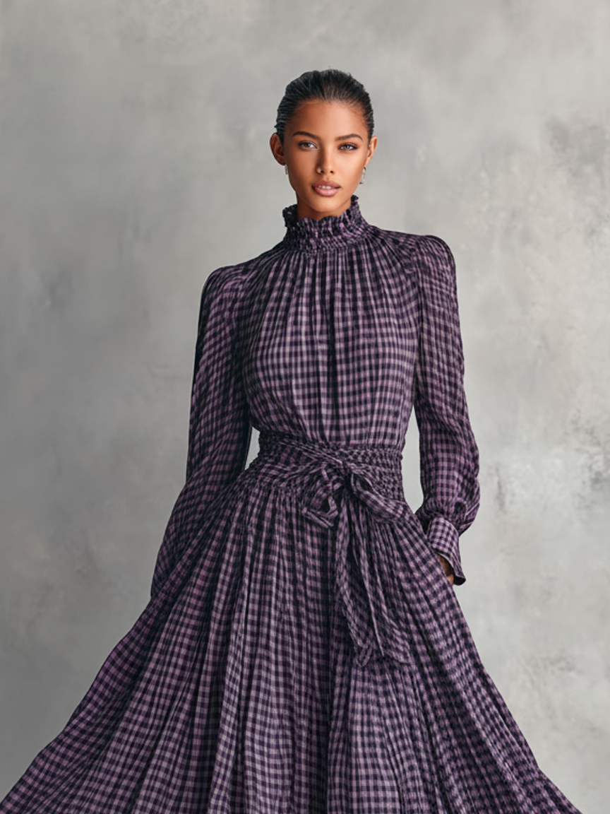 Coordinated Women's Plaid Blended Half-high Collar Long-sleeved Blouse And Long Skirt Set