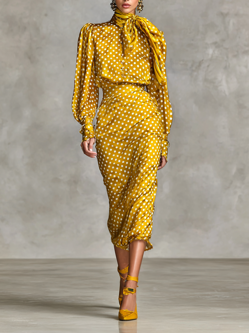 Women's Retro Satin Polka Dot Print Shirt And Skirt Two-Piece Set (Not including scarf)