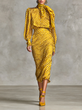 Women's Retro Satin Polka Dot Print Shirt And Skirt Two-Piece Set (Not including scarf)