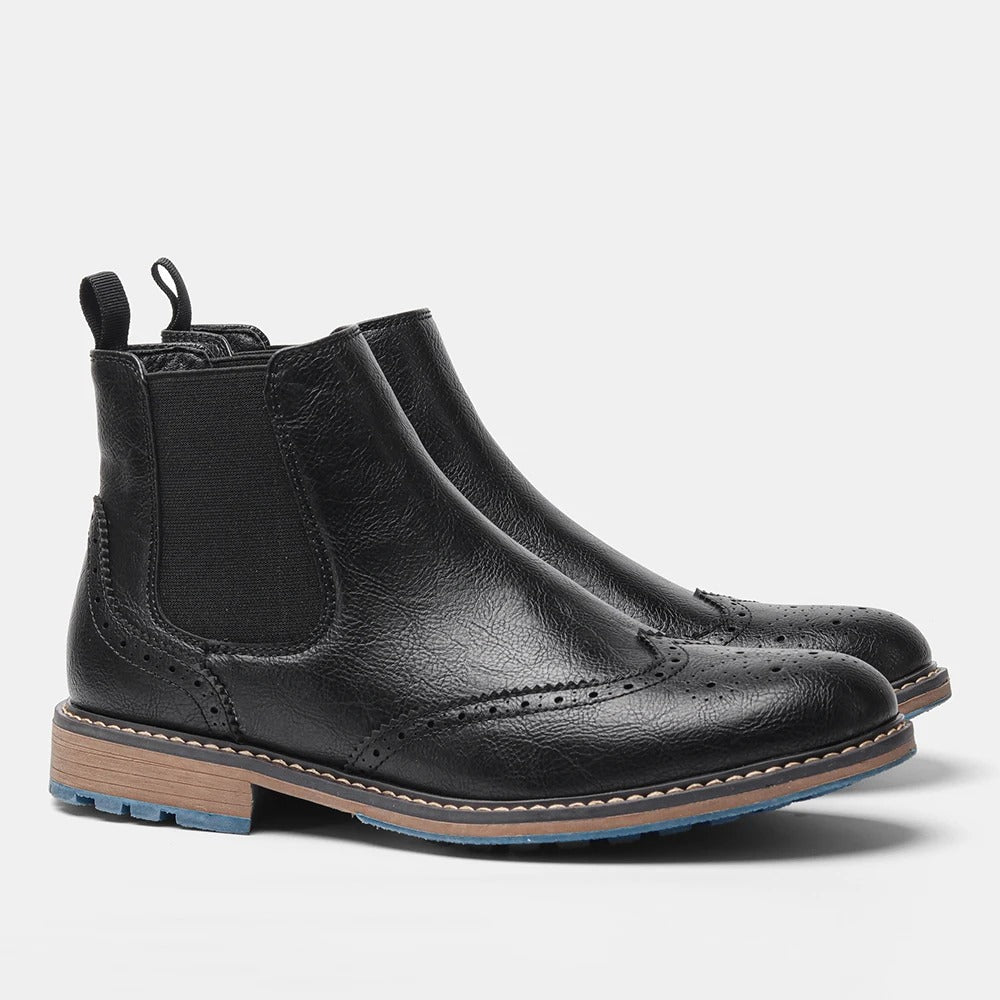 Burnished Leather Brogue Boots with Wingtip Brogue Detail