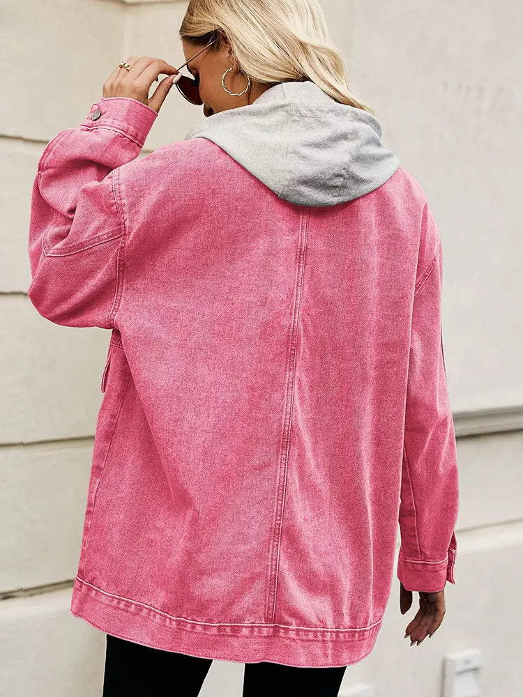 Oversized Denim Jacket with Button Closure and Pockets