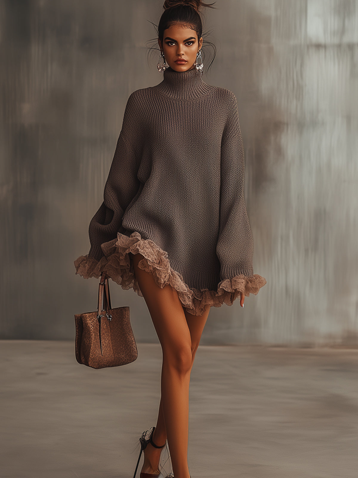 Brown Ruffled Hem Turtleneck Knit Sweater Dress